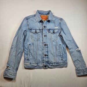 Levis Womens Light Wash Distressed Denim Trucker Jacket Size S‎ Cotton Blue